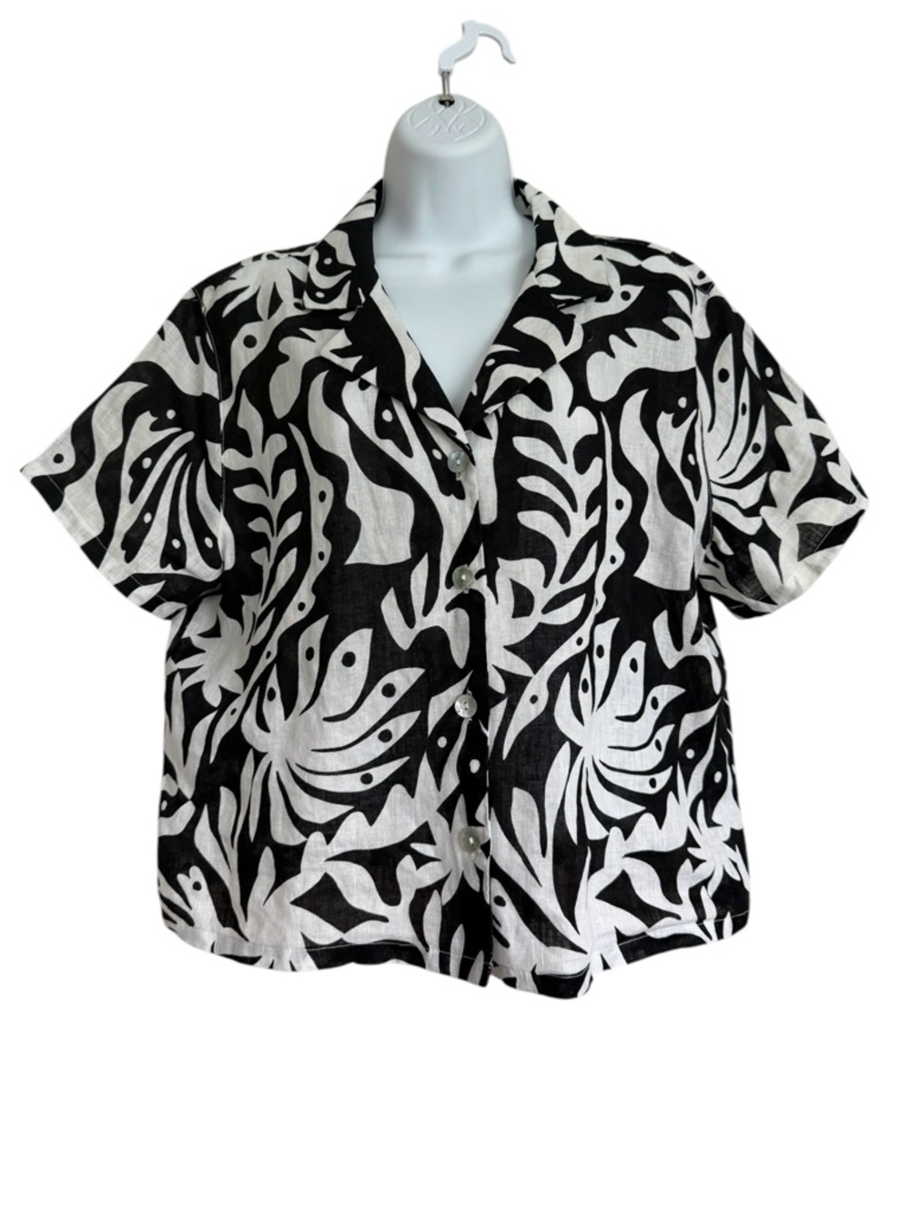 Rachel Zoe Black White Linen Blouse Top Size M Tropical Leaf Print Camp Shirt